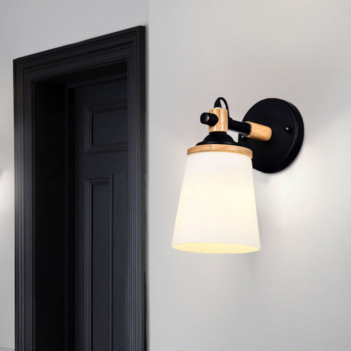 Lisslune | Modernist 1 Head Wall Scone Light Barrel White/Black and Wood Wall Lamp with Cream Glass Shade