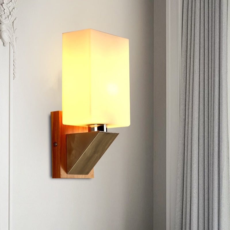 Lisslune | Cube Wall Light Modern White Frosted Glass 1 Head Wood Wall Lamp with Triangle Metal Base
