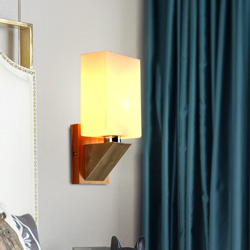 Lisslune | Cube Wall Light Modern White Frosted Glass 1 Head Wood Wall Lamp with Triangle Metal Base