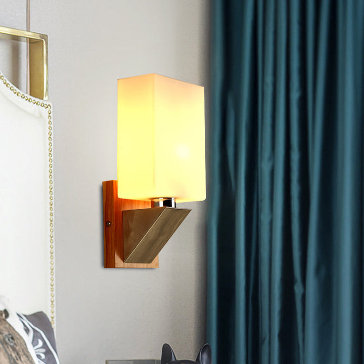 Lisslune | Cube Wall Light Modern White Frosted Glass 1 Head Wood Wall Lamp with Triangle Metal Base