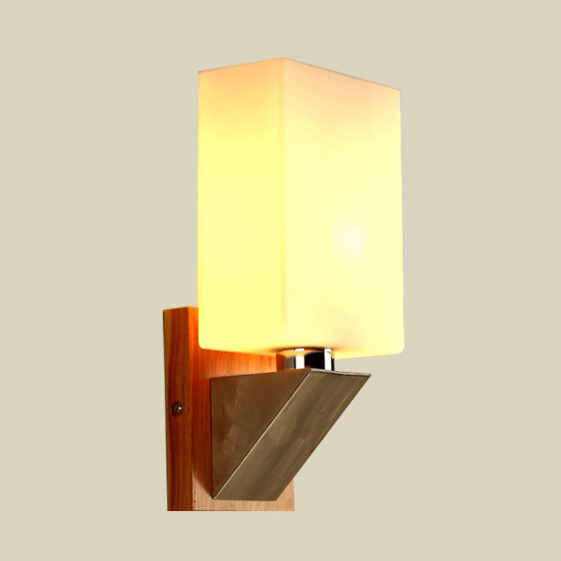 Lisslune | Cube Wall Light Modern White Frosted Glass 1 Head Wood Wall Lamp with Triangle Metal Base