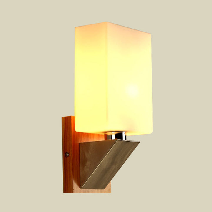 Lisslune | Cube Wall Light Modern White Frosted Glass 1 Head Wood Wall Lamp with Triangle Metal Base