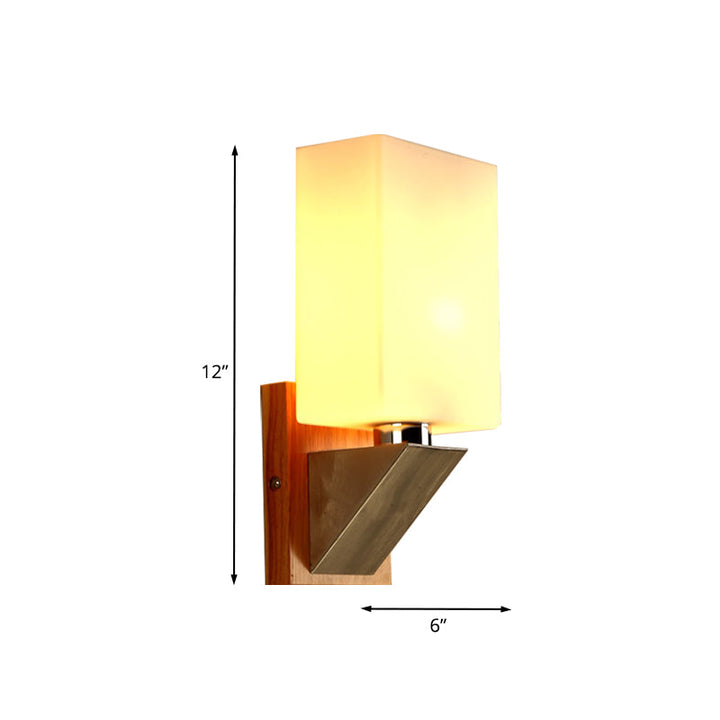 Lisslune | Cube Wall Light Modern White Frosted Glass 1 Head Wood Wall Lamp with Triangle Metal Base