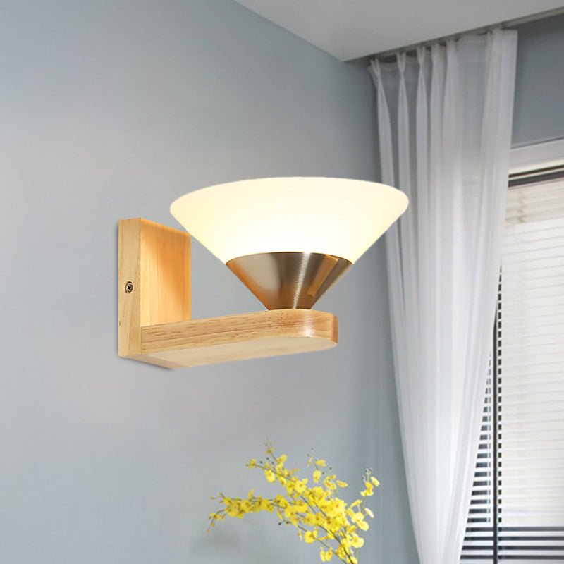 Lisslune | 1 Bulb Nightstand Wall Switch Modern Wood and Nickel Wall Lamp with Cone White Glass Shade