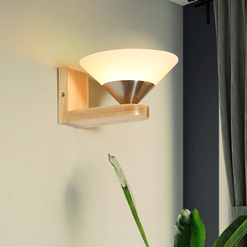 Lisslune | 1 Bulb Nightstand Wall Switch Modern Wood and Nickel Wall Lamp with Cone White Glass Shade