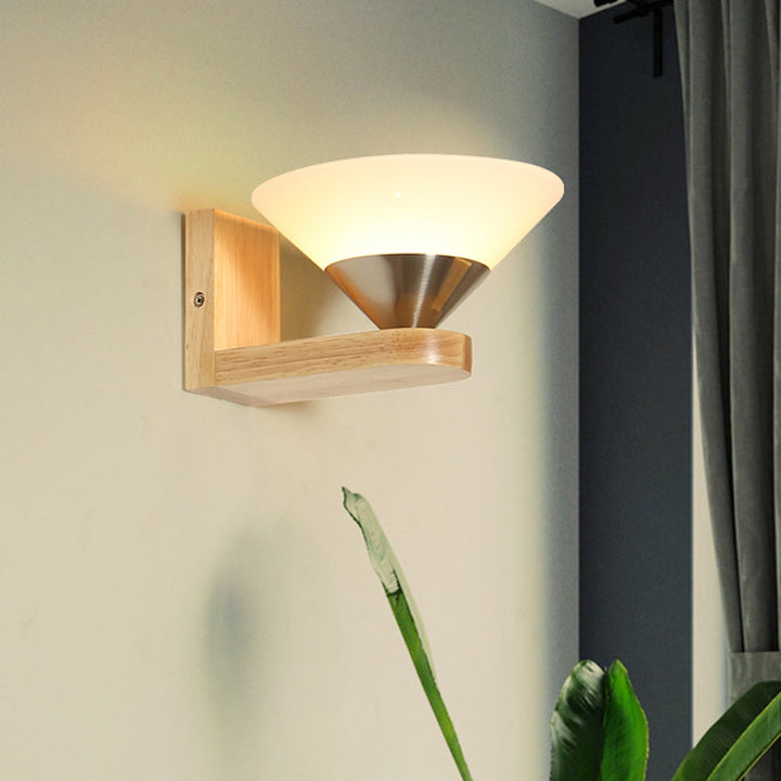 Lisslune | 1 Bulb Nightstand Wall Switch Modern Wood and Nickel Wall Lamp with Cone White Glass Shade