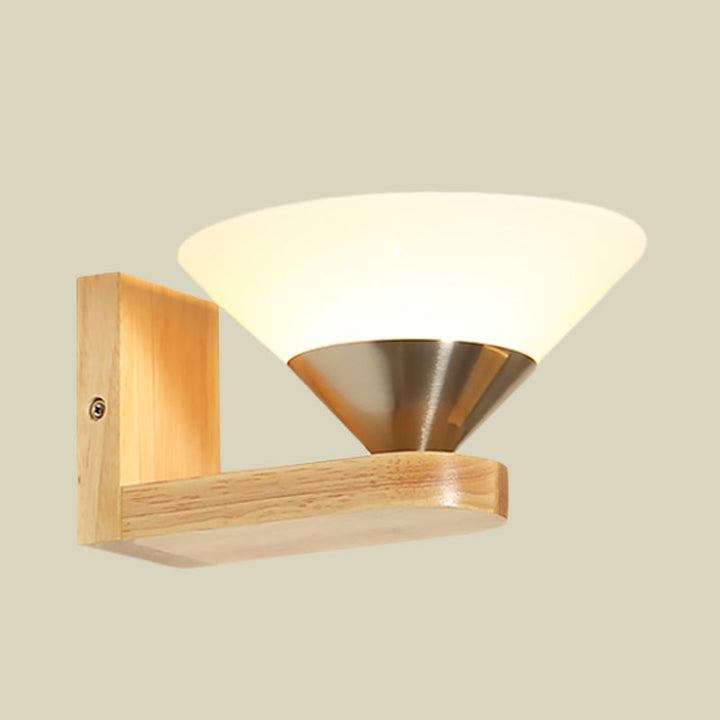 Lisslune | 1 Bulb Nightstand Wall Switch Modern Wood and Nickel Wall Lamp with Cone White Glass Shade