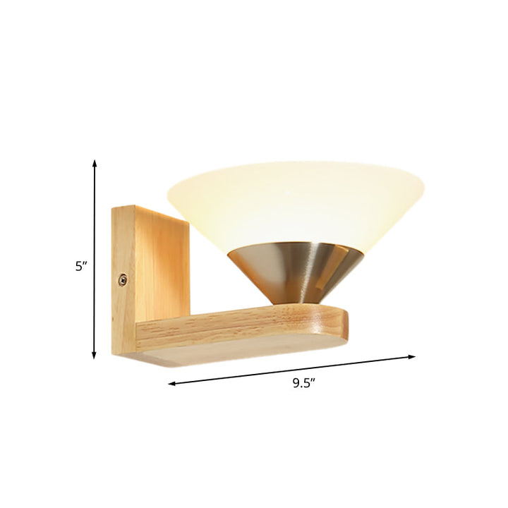 Lisslune | 1 Bulb Nightstand Wall Switch Modern Wood and Nickel Wall Lamp with Cone White Glass Shade
