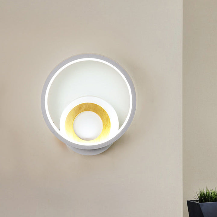 Lisslune | Modernist Ring Wall Lamp Acrylic LED Bedside Wall Mount Fixture in White with Wood Detail, White/Warm Light