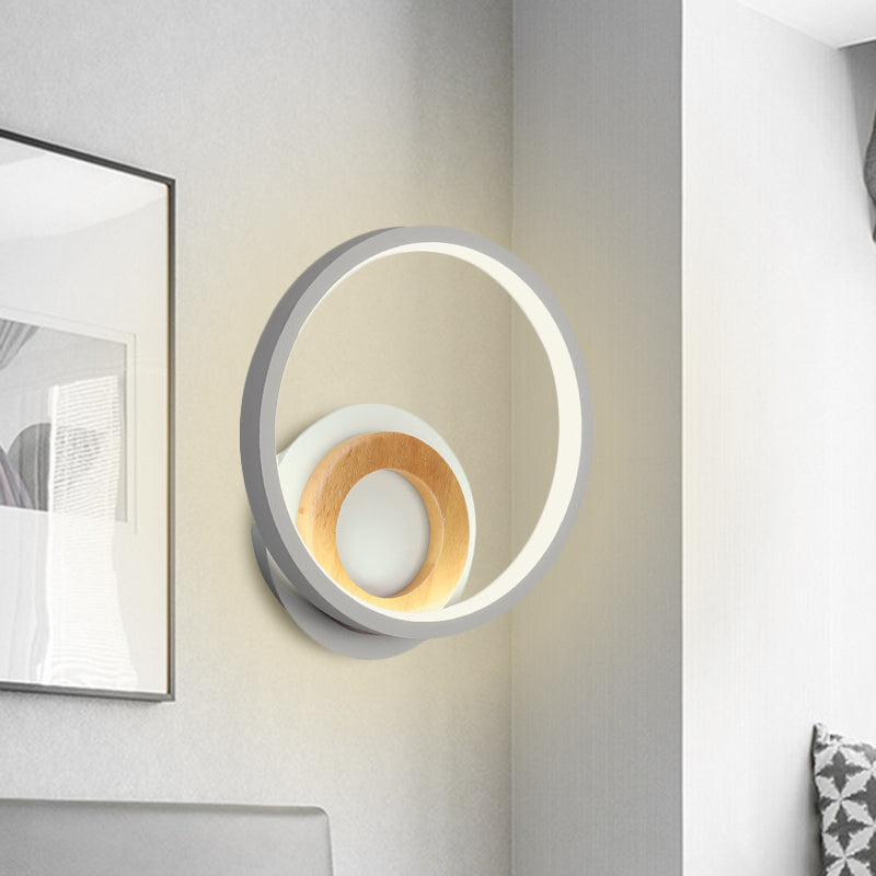 Lisslune | Modernist Ring Wall Lamp Acrylic LED Bedside Wall Mount Fixture in White with Wood Detail, White/Warm Light
