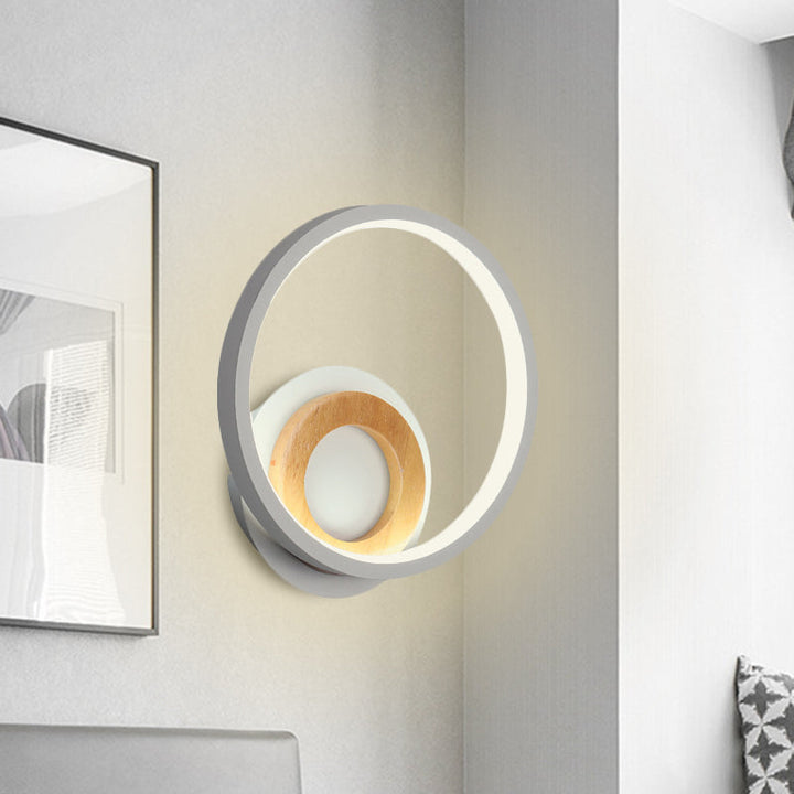 Lisslune | Modernist Ring Wall Lamp Acrylic LED Bedside Wall Mount Fixture in White with Wood Detail, White/Warm Light