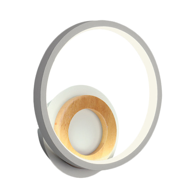 Lisslune | Modernist Ring Wall Lamp Acrylic LED Bedside Wall Mount Fixture in White with Wood Detail, White/Warm Light