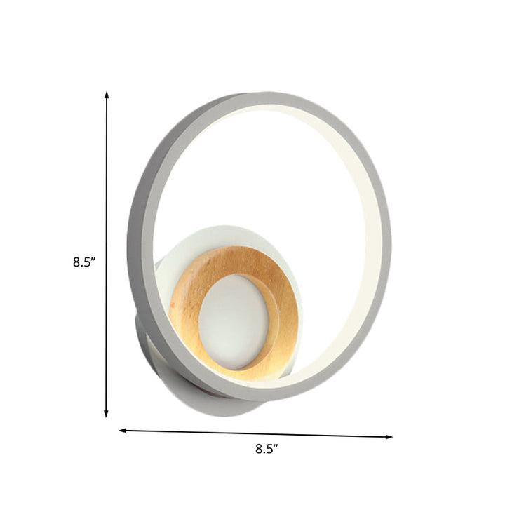 Lisslune | Modernist Ring Wall Lamp Acrylic LED Bedside Wall Mount Fixture in White with Wood Detail, White/Warm Light