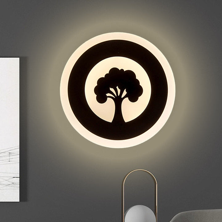 Lisslune | Acrylic Round Wall Lighting Modernism LED Flush Wall Lamp in Black with Tree Pattern, White/Warm Light