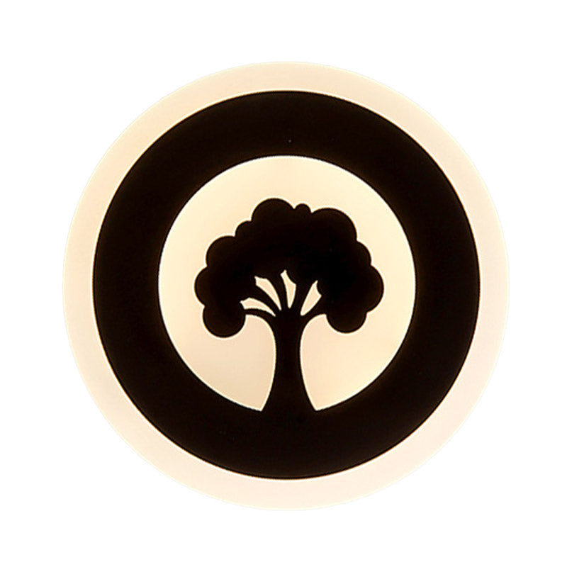 Lisslune | Acrylic Round Wall Lighting Modernism LED Flush Wall Lamp in Black with Tree Pattern, White/Warm Light