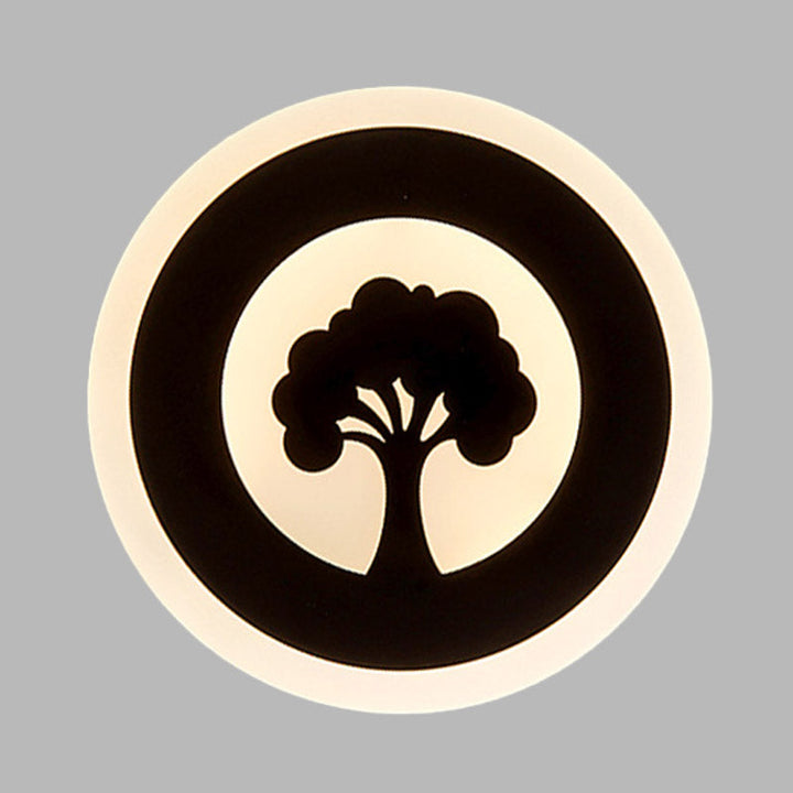Lisslune | Acrylic Round Wall Lighting Modernism LED Flush Wall Lamp in Black with Tree Pattern, White/Warm Light