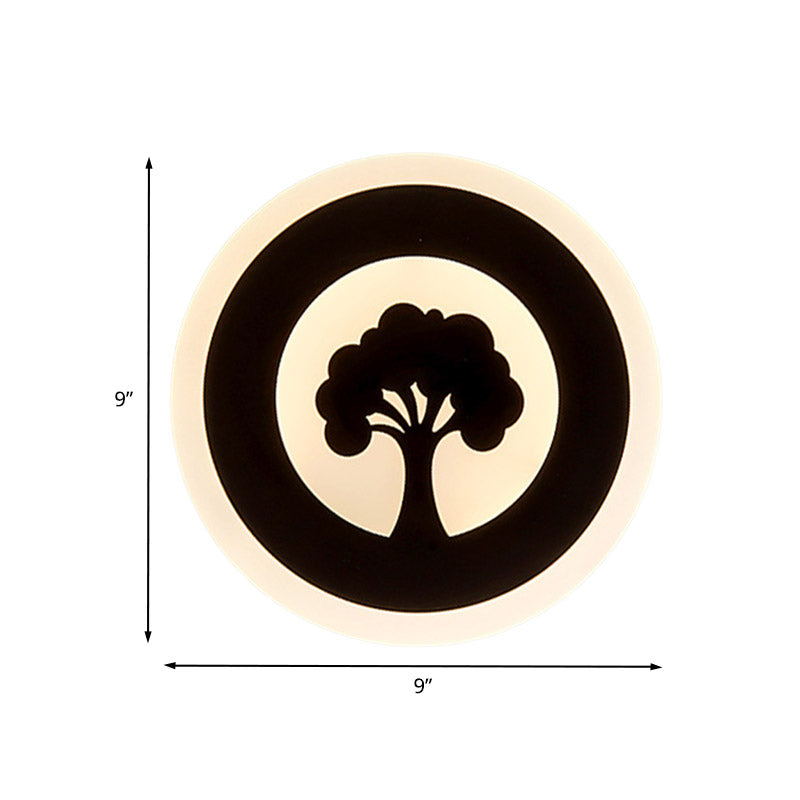 Lisslune | Acrylic Round Wall Lighting Modernism LED Flush Wall Lamp in Black with Tree Pattern, White/Warm Light