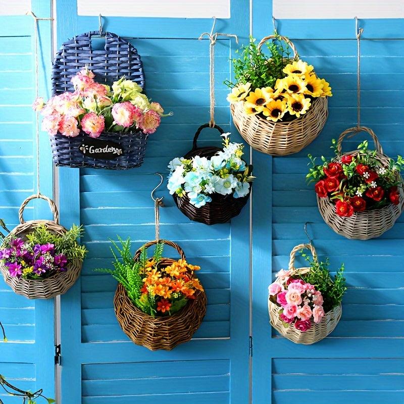 Lisslune | Rustic blue rattan flower wall basket for real or artificial flowers