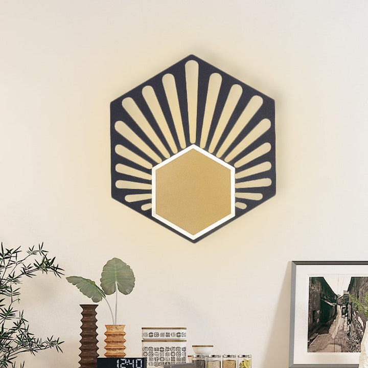 Lisslune | Hexagon Wall-Mounted Light Modernist Metallic LED Nightstand Wall Lamp in Black with Fan Design, 8"/10" Wide