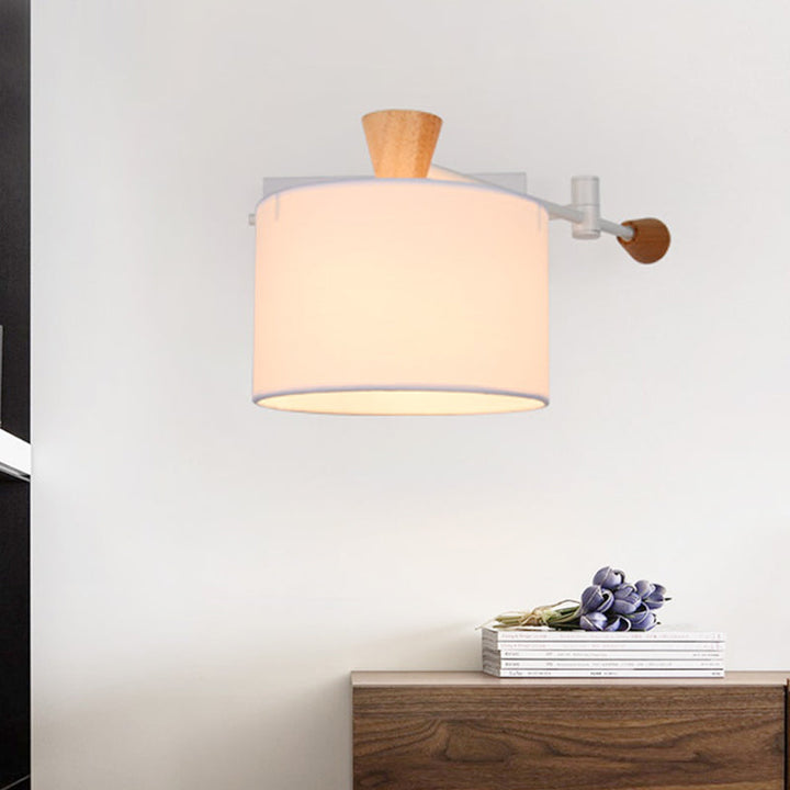 Lisslune | Drum Fabric Wall Light Modern 1 Bulb White Surface Wall Mounted Lamp with Rotatable Arm
