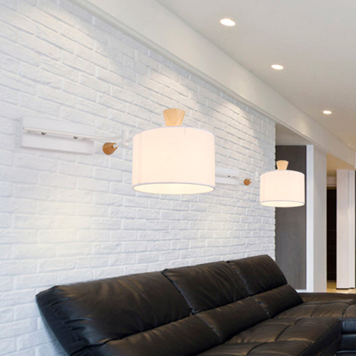 Lisslune | Drum Fabric Wall Light Modern 1 Bulb White Surface Wall Mounted Lamp with Rotatable Arm