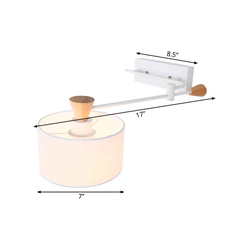 Lisslune | Drum Fabric Wall Light Modern 1 Bulb White Surface Wall Mounted Lamp with Rotatable Arm