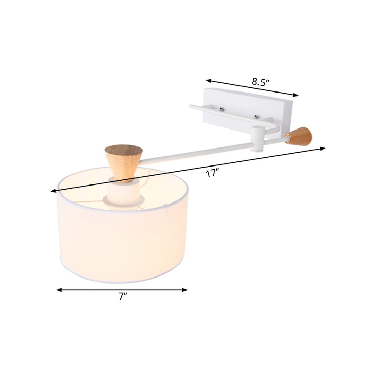 Lisslune | Drum Fabric Wall Light Modern 1 Bulb White Surface Wall Mounted Lamp with Rotatable Arm