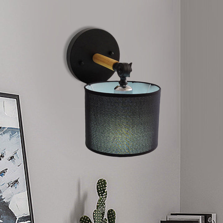 Lisslune | Modernist Armed Wall Lamp Wood 1 Light Bed Lamp with Black Drum Fabric Shade