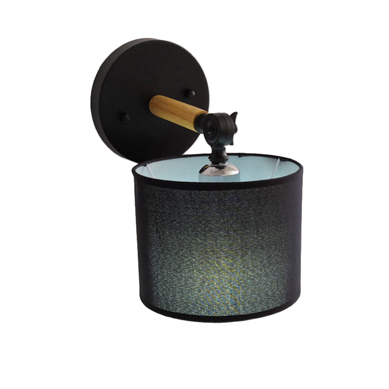Lisslune | Modernist Armed Wall Lamp Wood 1 Light Bed Lamp with Black Drum Fabric Shade