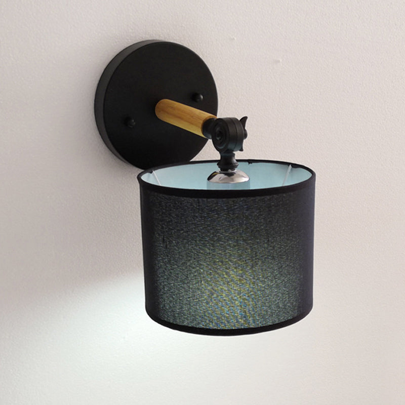 Lisslune | Modernist Armed Wall Lamp Wood 1 Light Bed Lamp with Black Drum Fabric Shade