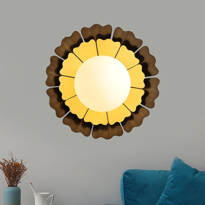 Lisslune | Orb White Frosted Glass Wall Lighting Modern 1-Head LED Yellow and Brown Flush Wall Lamp with Sunflower Backplate