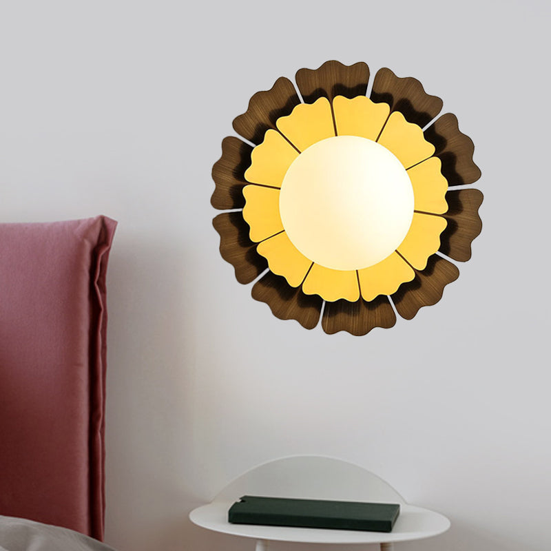 Lisslune | Orb White Frosted Glass Wall Lighting Modern 1-Head LED Yellow and Brown Flush Wall Lamp with Sunflower Backplate
