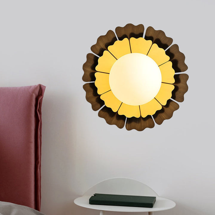 Lisslune | Orb White Frosted Glass Wall Lighting Modern 1-Head LED Yellow and Brown Flush Wall Lamp with Sunflower Backplate