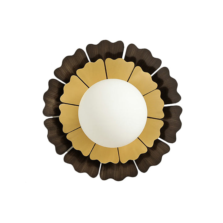 Lisslune | Orb White Frosted Glass Wall Lighting Modern 1-Head LED Yellow and Brown Flush Wall Lamp with Sunflower Backplate