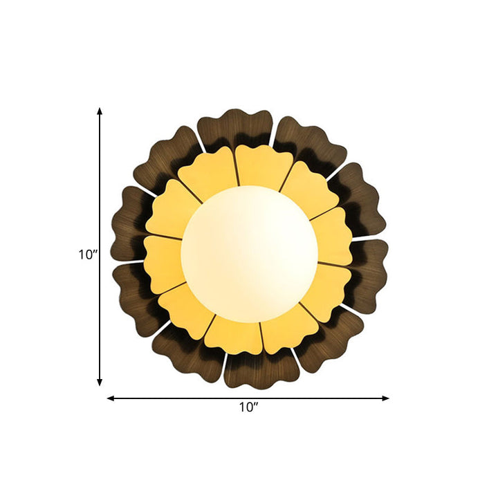 Lisslune | Orb White Frosted Glass Wall Lighting Modern 1-Head LED Yellow and Brown Flush Wall Lamp with Sunflower Backplate