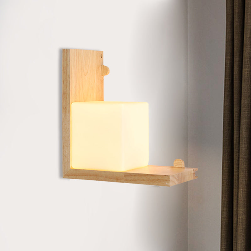 Skørter | Wood Rectangular Panel Flush Wall Lamp Minimalistic LED Beige Wall Lighting with Cube Opal Glass Shade