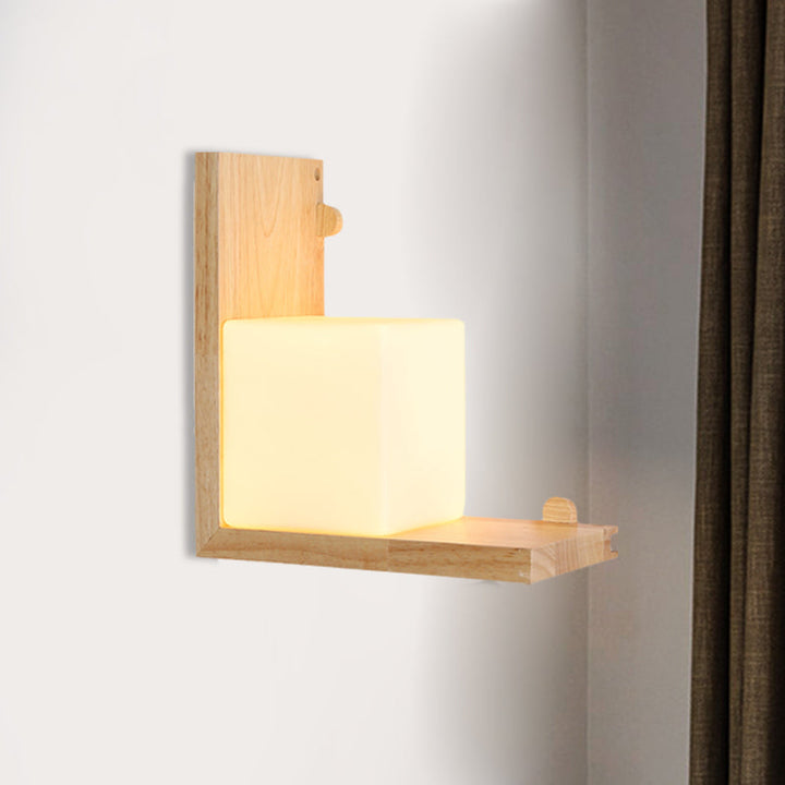 Skørter | Wood Rectangular Panel Flush Wall Lamp Minimalistic LED Beige Wall Lighting with Cube Opal Glass Shade
