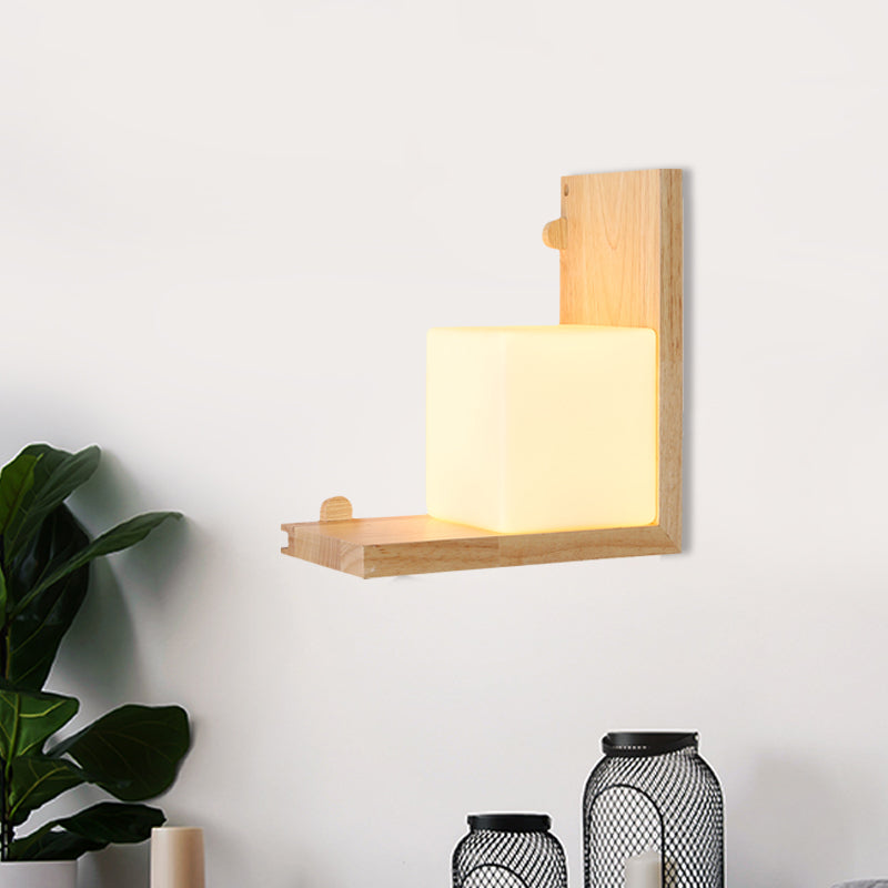 Skørter | Wood Rectangular Panel Flush Wall Lamp Minimalistic LED Beige Wall Lighting with Cube Opal Glass Shade