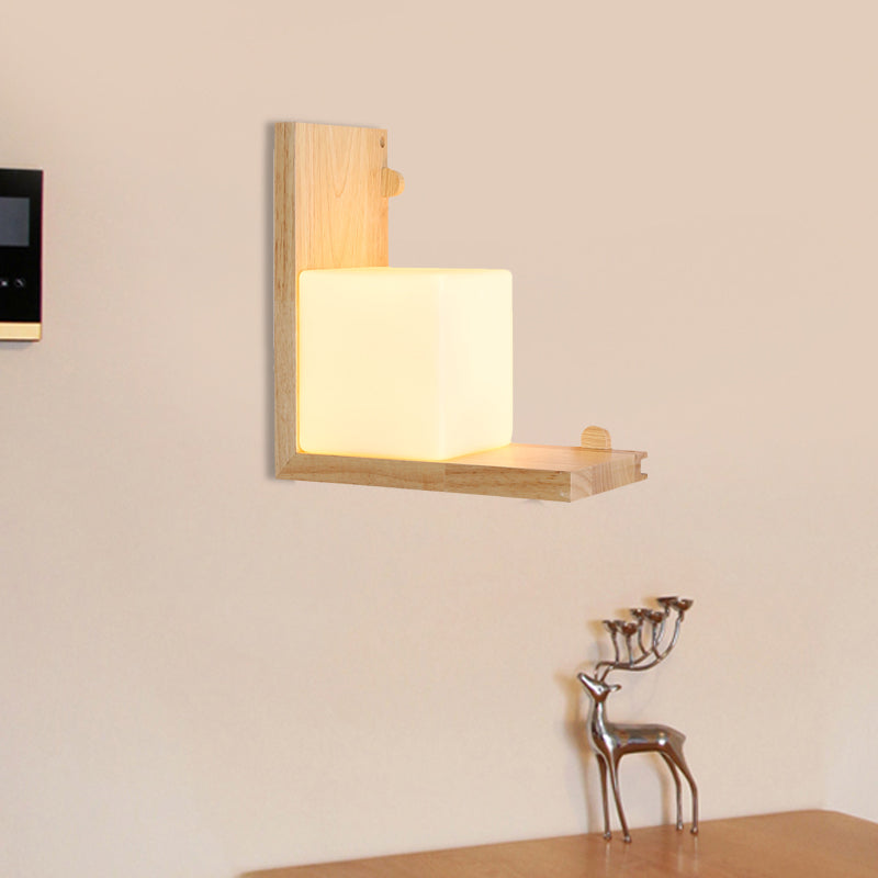 Skørter | Wood Rectangular Panel Flush Wall Lamp Minimalistic LED Beige Wall Lighting with Cube Opal Glass Shade