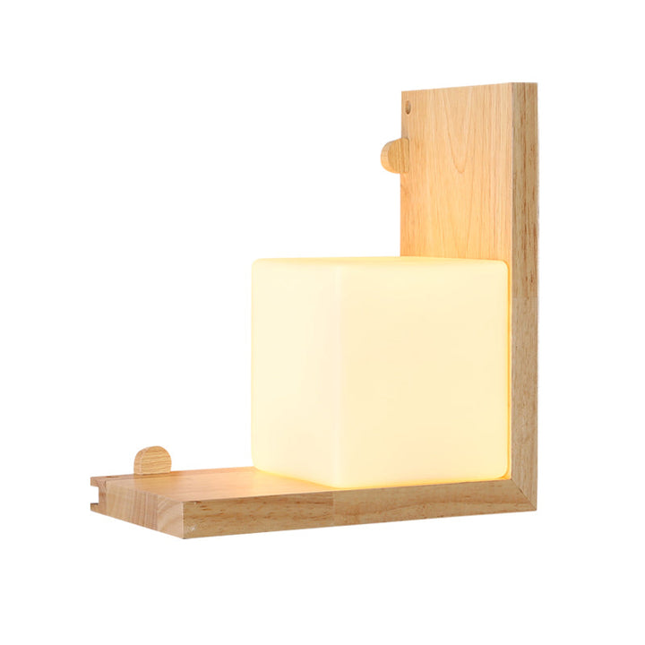 Skørter | Wood Rectangular Panel Flush Wall Lamp Minimalistic LED Beige Wall Lighting with Cube Opal Glass Shade