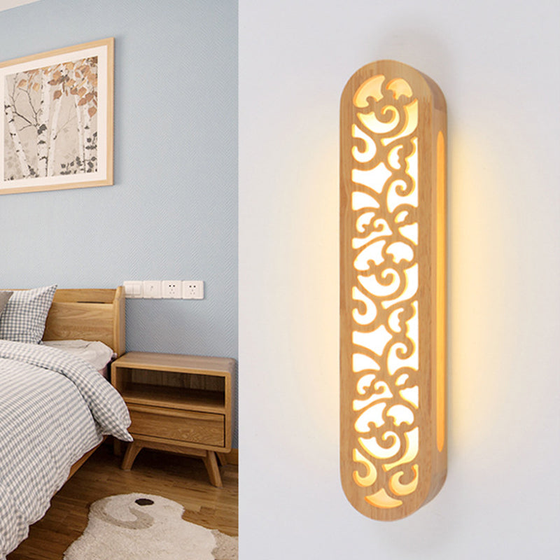 Lisslune | Chinese Style LED Flush Wall Light Beige Rectangular Wall Light Lamp with Carved Wooden Shade