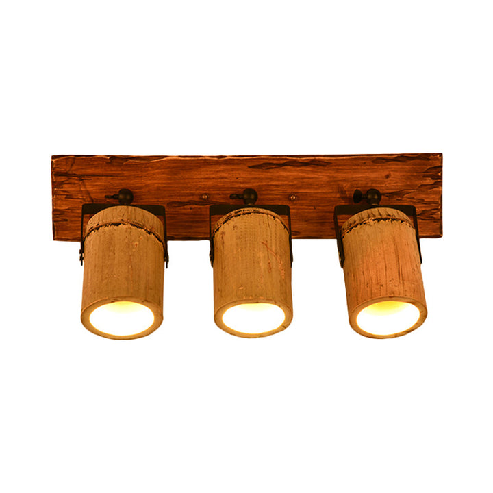 Lisslune | Vintage Cylinder Wall Lamp Sconces 2/3-Light Bamboo Wall Lamp in Brown with Linear Wooden Backplate
