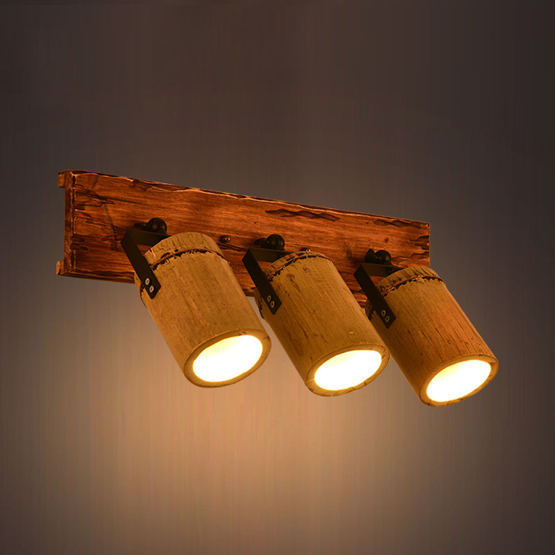 Lisslune | Vintage Cylinder Wall Lamp Sconces 2/3-Light Bamboo Wall Lamp in Brown with Linear Wooden Backplate