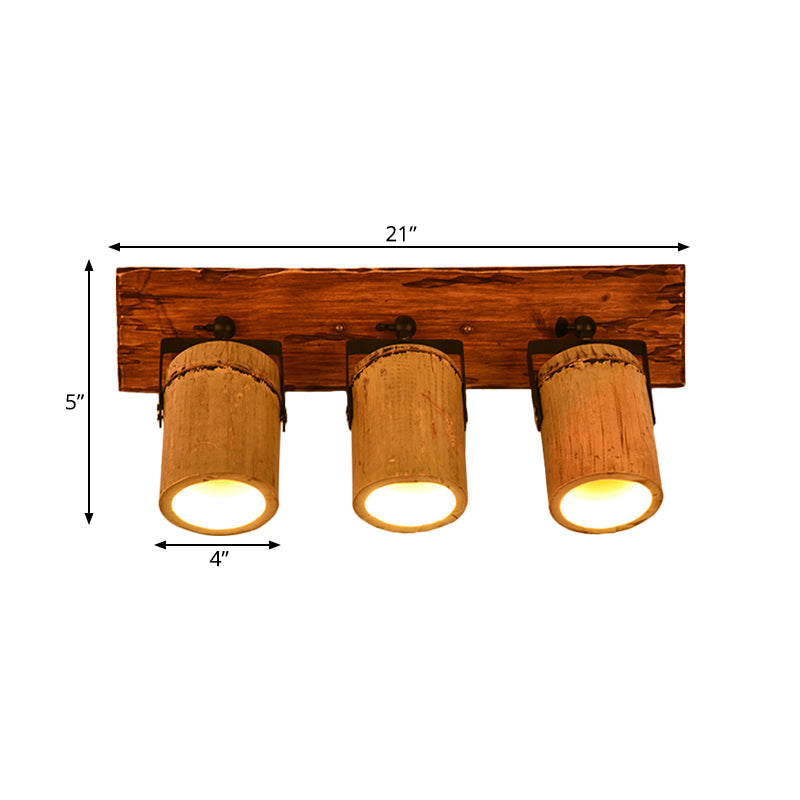 Lisslune | Vintage Cylinder Wall Lamp Sconces 2/3-Light Bamboo Wall Lamp in Brown with Linear Wooden Backplate
