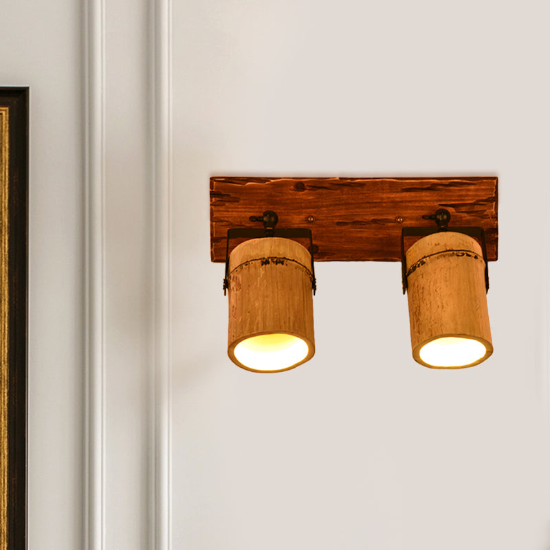 Lisslune | Vintage Cylinder Wall Lamp Sconces 2/3-Light Bamboo Wall Lamp in Brown with Linear Wooden Backplate