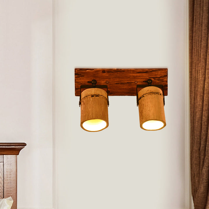Lisslune | Vintage Cylinder Wall Lamp Sconces 2/3-Light Bamboo Wall Lamp in Brown with Linear Wooden Backplate
