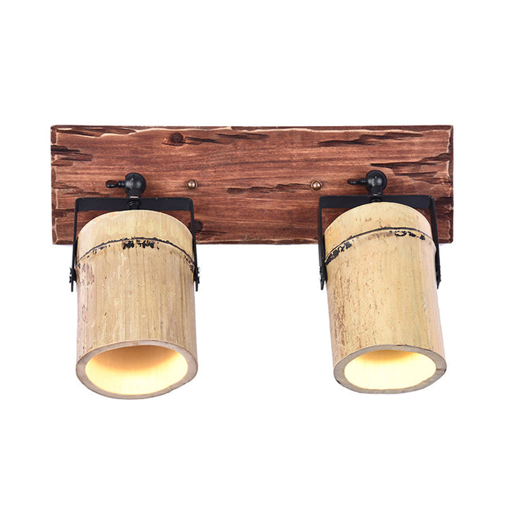 Lisslune | Vintage Cylinder Wall Lamp Sconces 2/3-Light Bamboo Wall Lamp in Brown with Linear Wooden Backplate