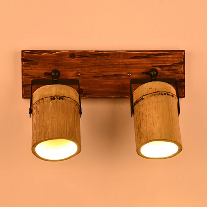 Lisslune | Vintage Cylinder Wall Lamp Sconces 2/3-Light Bamboo Wall Lamp in Brown with Linear Wooden Backplate
