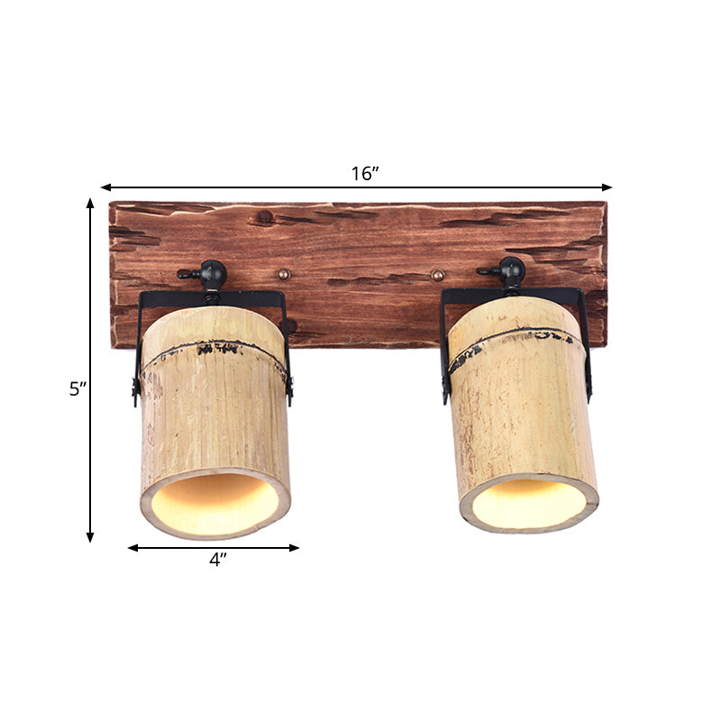 Lisslune | Vintage Cylinder Wall Lamp Sconces 2/3-Light Bamboo Wall Lamp in Brown with Linear Wooden Backplate