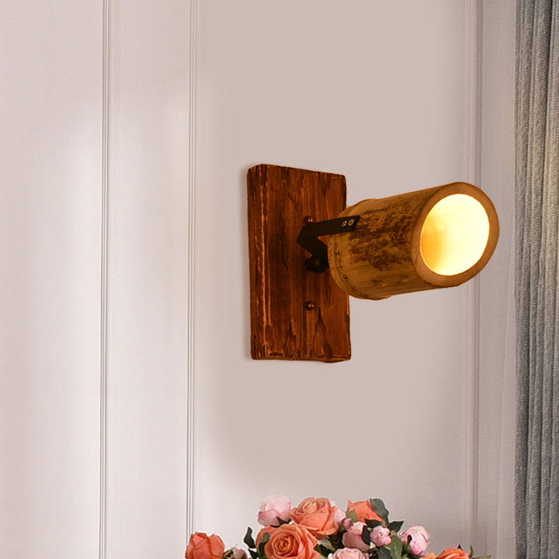 Lisslune | Vintage Cylinder Wall Lamp Sconces 2/3-Light Bamboo Wall Lamp in Brown with Linear Wooden Backplate